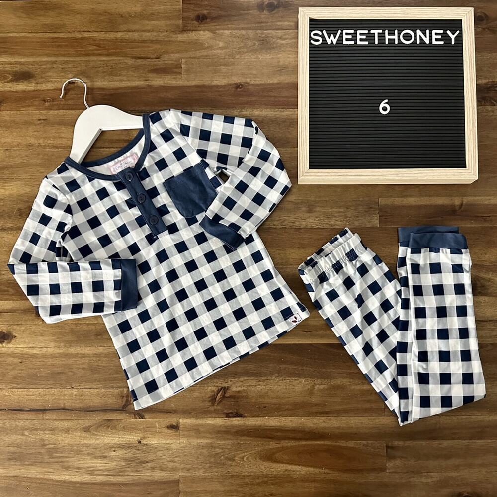 SweetHoney Dreamer Pajama Set Navy Blue Check Long Sleeve Pants Boys Boutique 6